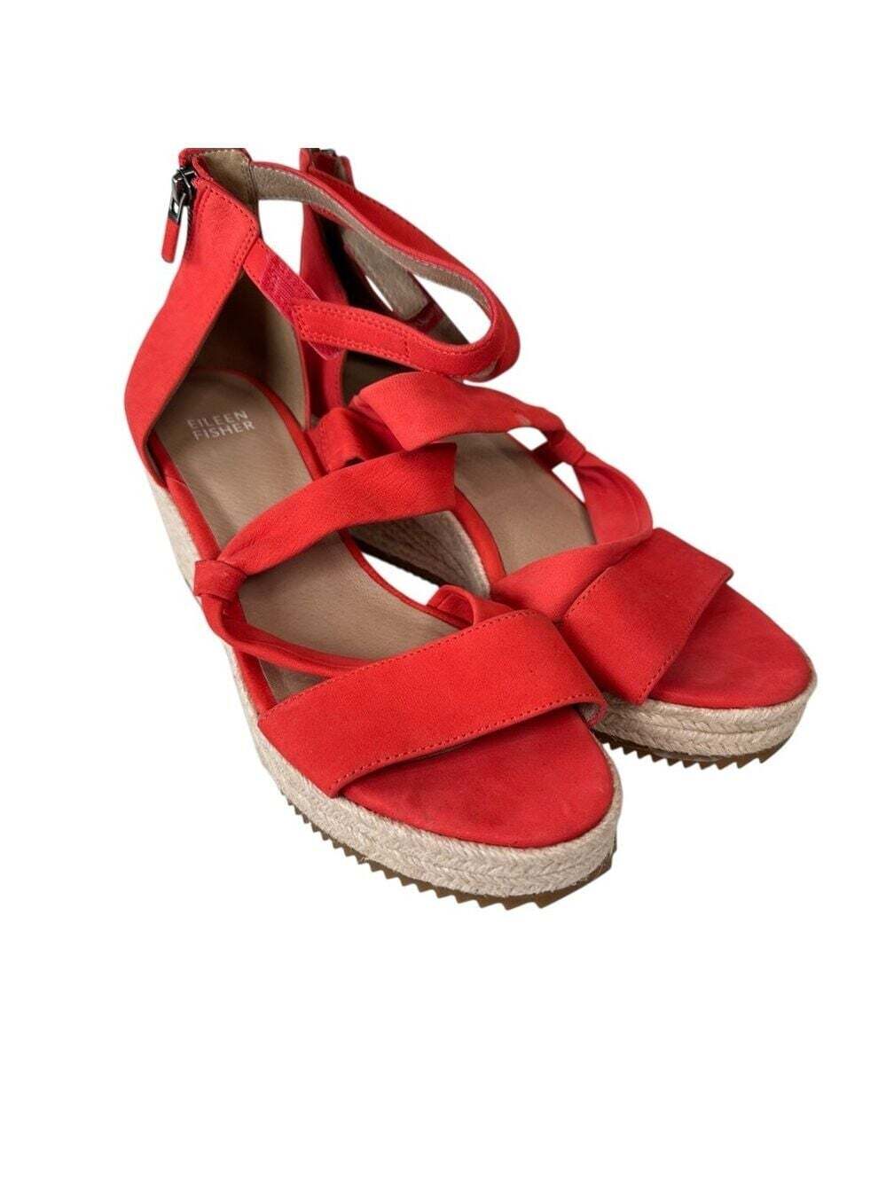 Eileen Fisher Wisp Red Nubuck Espadrille Wedge Sandals Ankle Zip Women 9